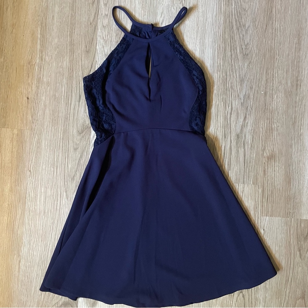 Navy Halter Dress with Lace Accents